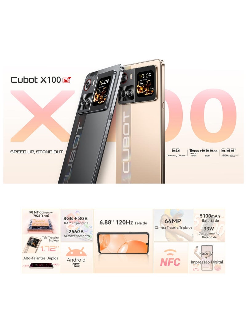 Cubot هاتف ذكي أندرويد 5G كيوبوت X100 بحجم 6.88 بوصة، معالج ديمينسيتي 7025، 6 نانومتر، 2.5 جيجاهرتز، 16 جيجابايت (8+8)، 256 جيجابايت، كاميرا 64 ميجابكسل، بطارية 5100 مللي أمبير، NFC - Image 2